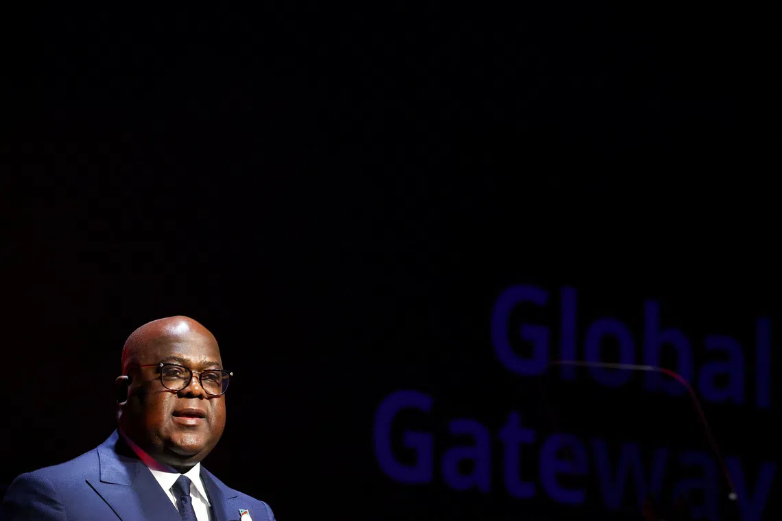 Democratic Republic of the Congo's President Felix Tshisekedi delivers a speech during the Global Gateway Forum in Brussels, Belgium October 9, 2025. REUTERS/Yves Herman