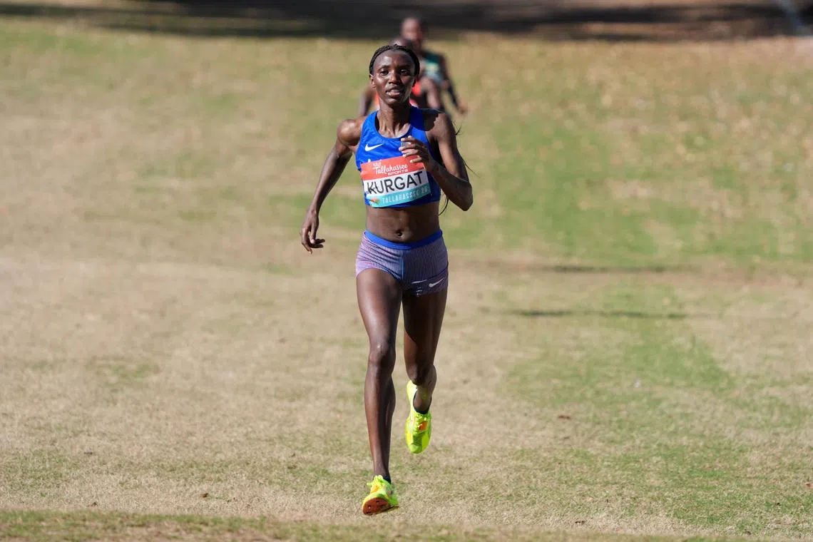 Jan 10, 2026; Tallahassee, FL, USA; Ednah Kurgat (USA) places 10th in the senior women's race in 33:16 during the World Athletics Cross Country Championships Tallahassee 26 at Apalachee Regional Park. Mandatory Credit: Kirby Lee-Imagn Images