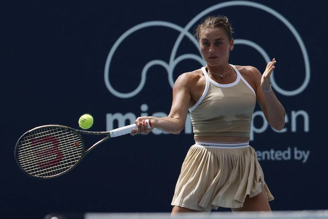 Ukraine's Marta Kostyuk hititng a forehand against Elisabetta Cocciaretto of Italy on day two of the Miami Open.