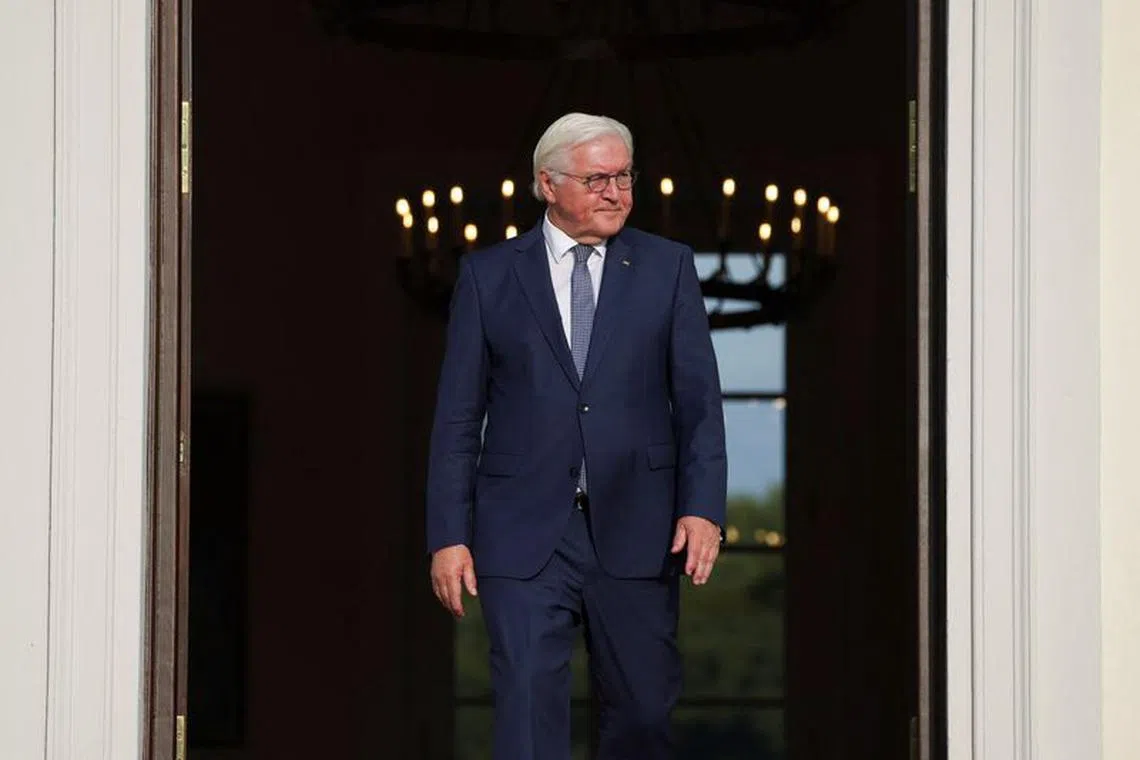 German President Frank-Walter Steinmeier walks to receive on the day he meets the Presidents of Kazakhstan, Kyrgyzstan, Tajikistan, Uzbekistan and Turkmenistan's former President and Chairman of the People's Council, at Bellevue Palace in Berlin, Germany, September 29, 2023. REUTERS/Liesa Johannssen/ File Photo