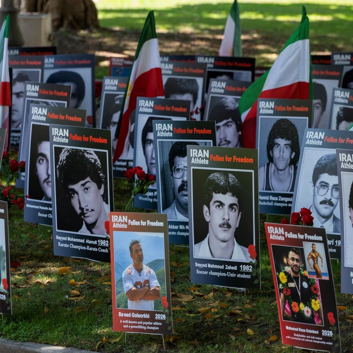 Images of former Iranian athletes are displayed, as protesters call on FIFA to suspend or expel Iran from international football, ahead of the FIFA World Cup 2026, in Los Angeles on June 10.