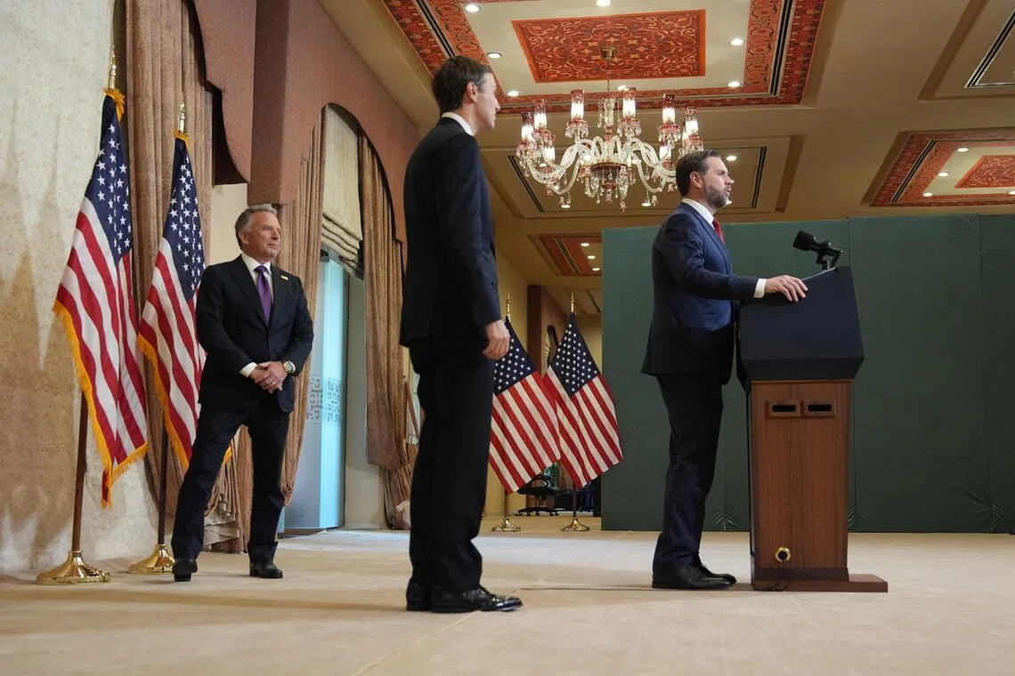 US Vice-President J.D. Vance speaking at a news conference after US-Iran talks in Islamabad, Pakistan, on April 12, with US Special Envoy Steve Witkoff (left) and President Donald Trump’s son-in-law Jared Kushner looking on.