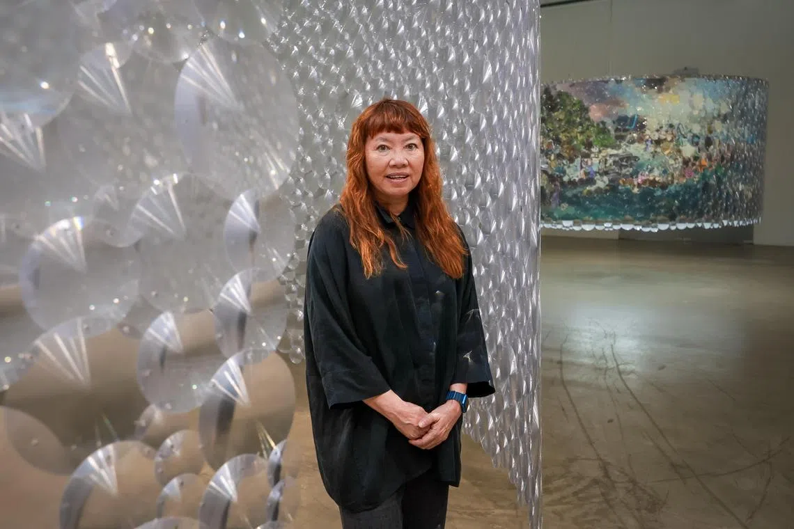 Australia-based artist Suzann Victor with her exhibition titled A Thousand Stories in the Gajah Gallery  at Singapore Art Museum at Keppel on Aug 1, 2025.