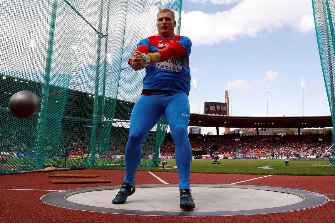 Sergey Litvinov of Russia in action at the European Athletics Championships in Zurich on Aug 16, 2014. 