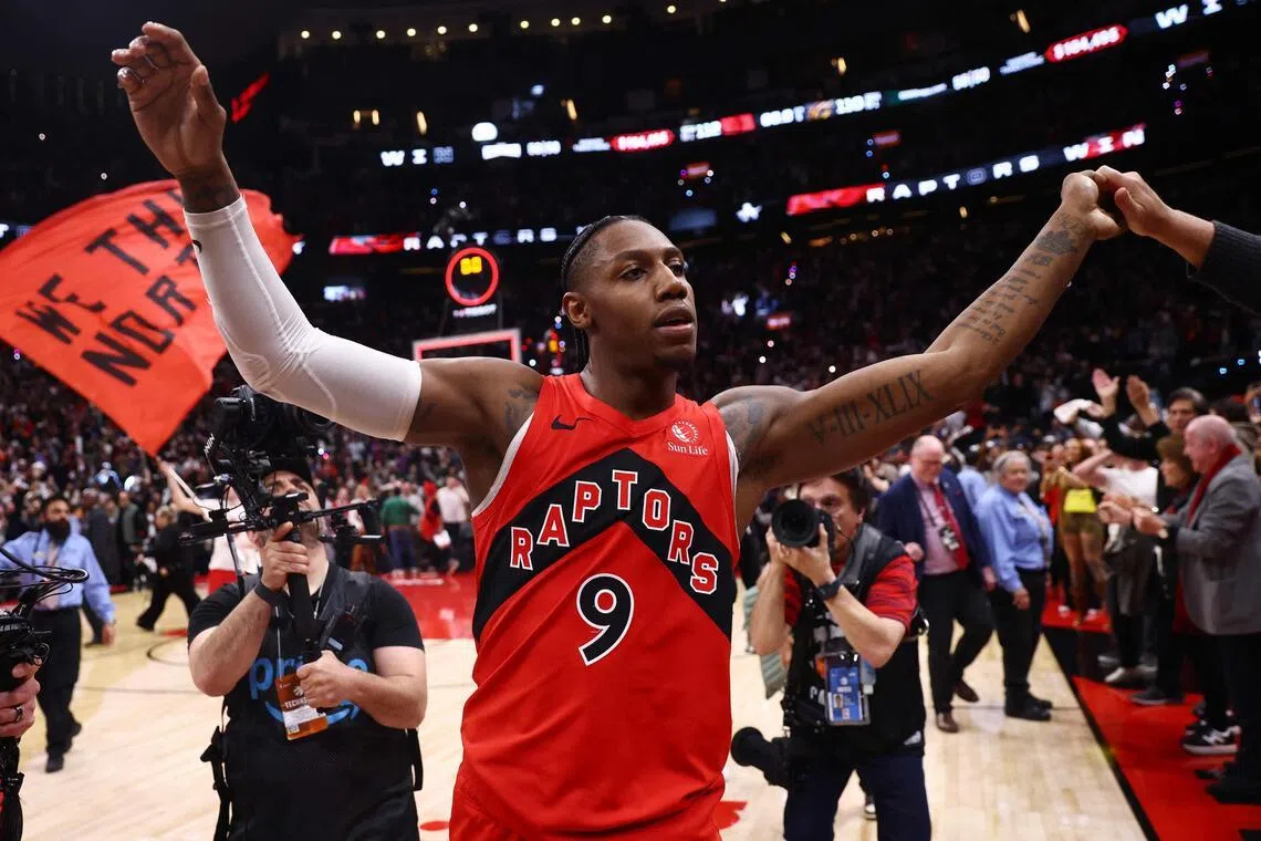 RJ Barrett of the Toronto Raptors celebrating after the 112-110 overtime win over the Cleveland Cavaliers in Game 6 of their NBA Eastern Conference first round series on May 1, 2026.