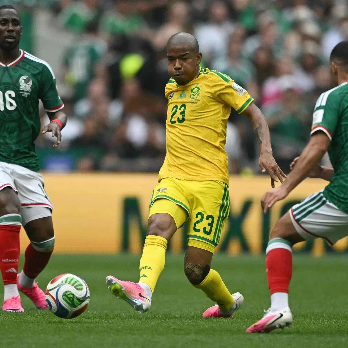 Mexico forward Julian Quinones (left), South Africa’s midfielder Jayden Adams (middle) and Mexico midfielder Erik Lira during the 2026 World Cup Group A match in Mexico City on June 11.