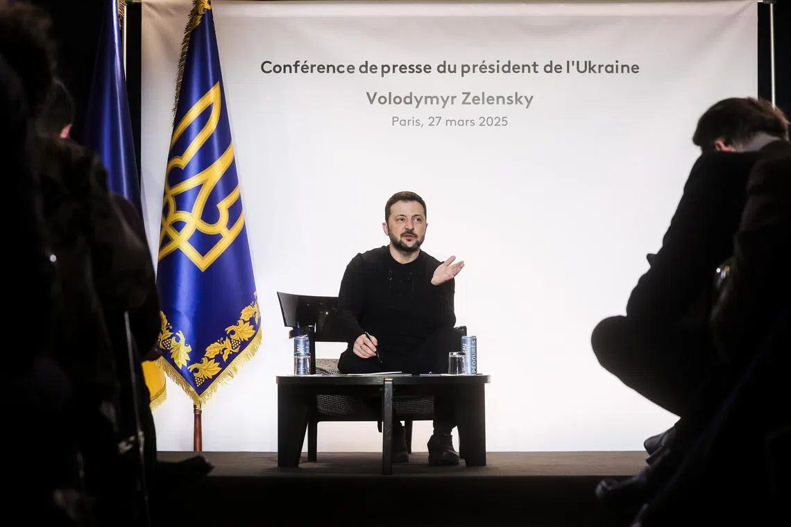 epa11992189 Ukrainian President Volodymyr Zelensky answers journalists' questions during a press conference at France Television headquarters in Paris, France, 27 March 2025. Ukrainian President Volodymyr Zelensky gives a press conference after participating in the 'Coalition of the Willing' summit on peace and security for Ukraine, hosted by French President Emmanuel Macron with European and international leaders at the Elysee Palace.  EPA-EFE/TERESA SUAREZ
