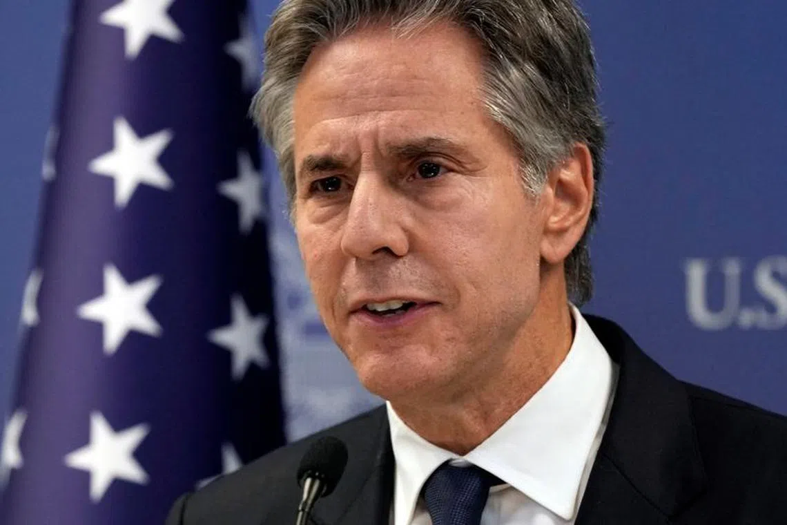 FILE PHOTO: U.S. Secretary of State Antony Blinken speaks in Tel Aviv, Tuesday Oct. 17, 2023, after an overnight meeting with Israeli Prime Minister Benjamin Netanyahu.     Jacquelyn Martin/Pool via REUTERS/File Photo