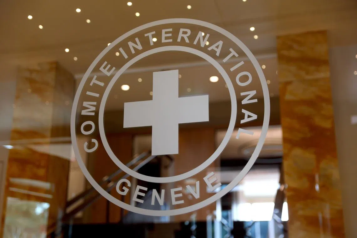 FILE PHOTO: A logo of the International Committee of the Red Cross (ICRC) is pictured in Geneva, Switzerland March 29, 2022. REUTERS/Denis Balibouse/File Photo