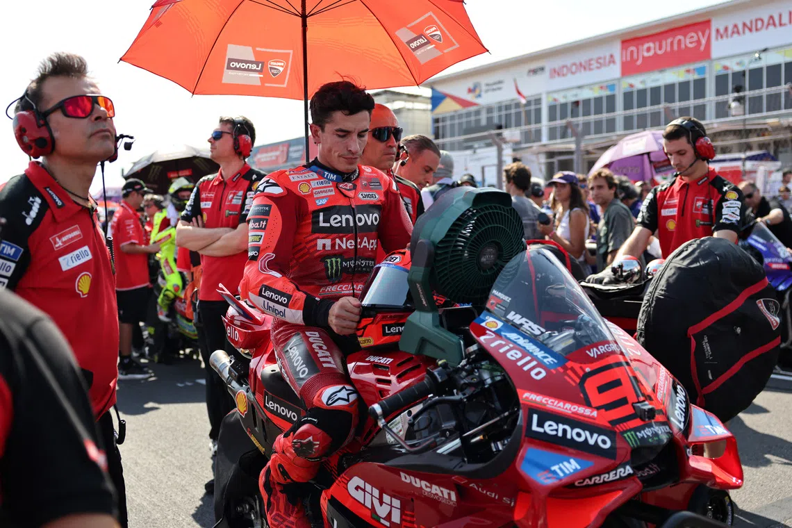 FILE PHOTO: MotoGP -  Indonesian Grand Prix - Mandalika International Street Circuit, Mandalika, Indonesia - October 5, 2025 Ducati Lenovo Team's Marc Marquez before the MotoGP race REUTERS/Willy Kurniawan/File Photo