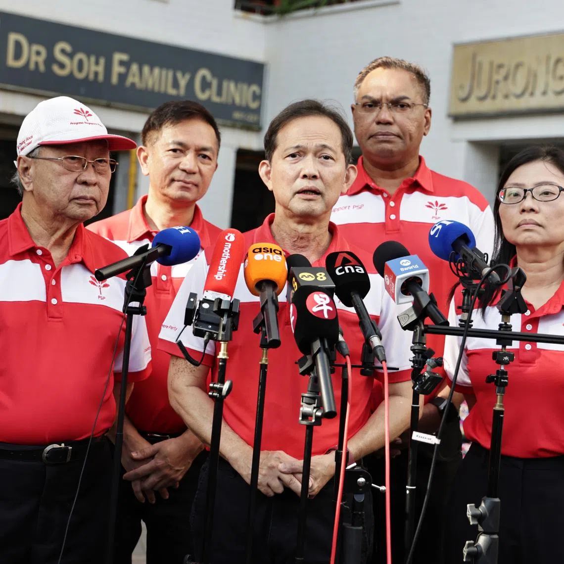 PSP candidates for West Coast-Jurong West GRC, (from left) PSP chairman Dr Tan Cheng Bock, Sumarleki Amjah, PSP chief Leong Mun Wai , Sani Ismail, and PSP vice-chair Hazel Poa at Jurong West on April 30.