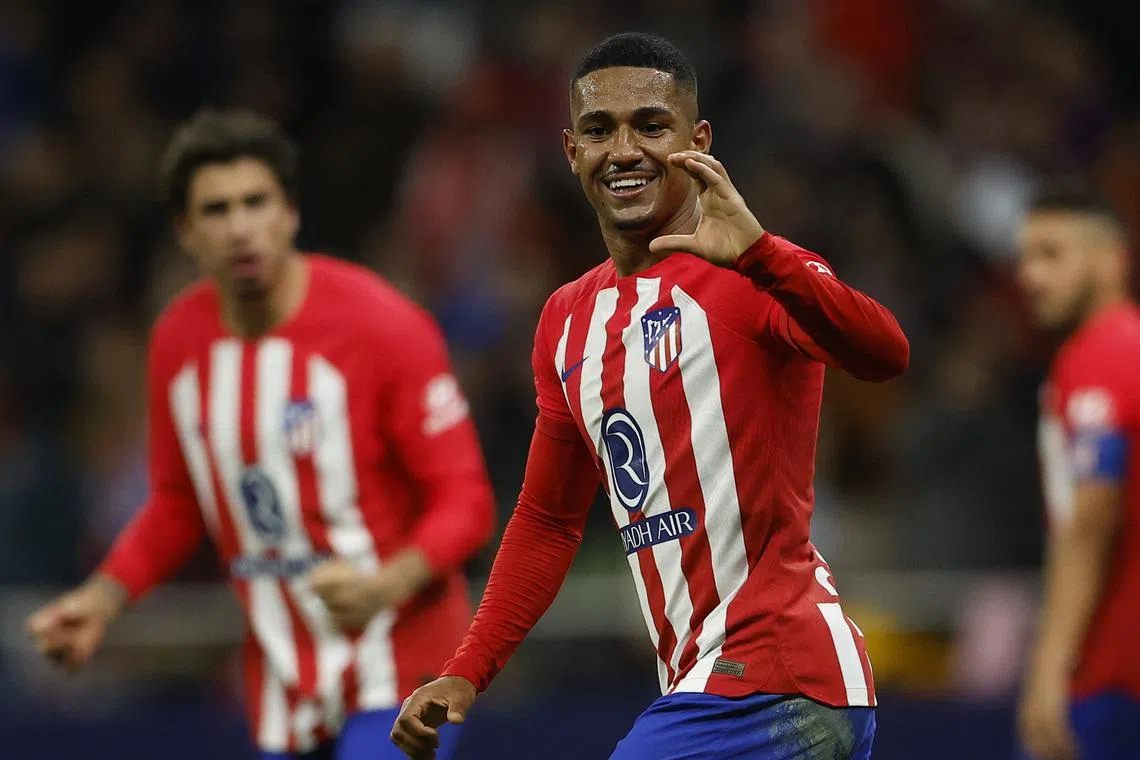 FILE PHOTO: Soccer Football - LaLiga - Atletico Madrid v Athletic Bilbao - Metropolitano, Madrid, Spain - April 27, 2024 Atletico Madrid's Samuel Lino celebrates their third goal, an own goal scored by Athletic Bilbao's Unai Simon REUTERS/Juan Medina/File Photo