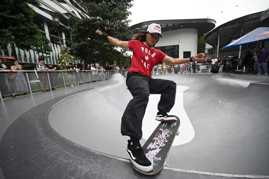 Sakura Yosozumi, the world’s first Olympic gold medallist in skateboarding park, in Singapore for a clinic at Trifecta.

ST Photo: AZMI ATHNI