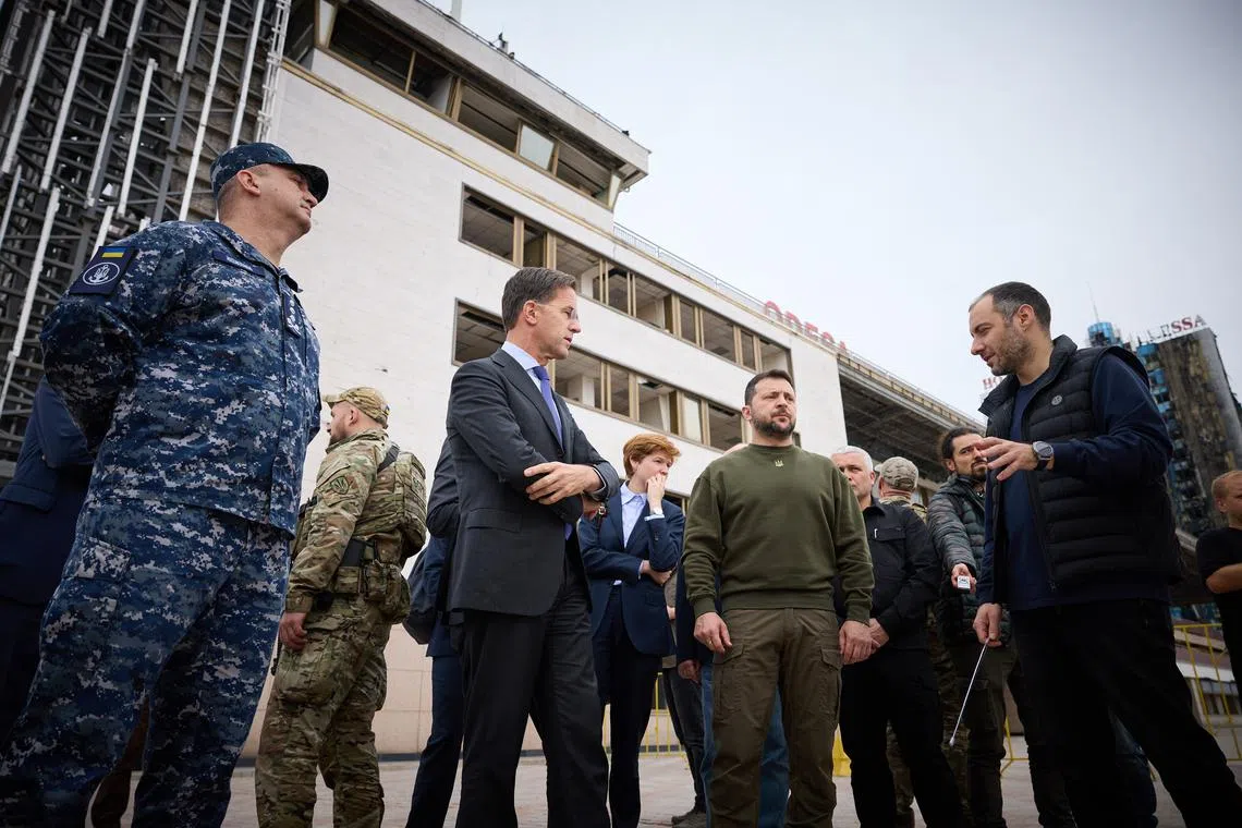 Dutch Prime Minister Mark Rutte and (centre left) and Ukrainian President Volodymyr Zelensky (centre right) visited Ukraine's Odesa region, which has came under frequent Russian missile and drone attacks.