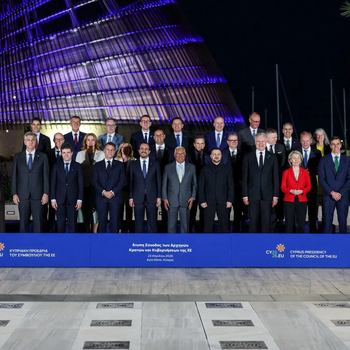 Ukraine's President Volodymyr Zelenskiy poses with European Union leaders at the start of an informal European leaders' summit in Ayia Napa, Cyprus April 23, 2026. REUTERS/Yves Herman