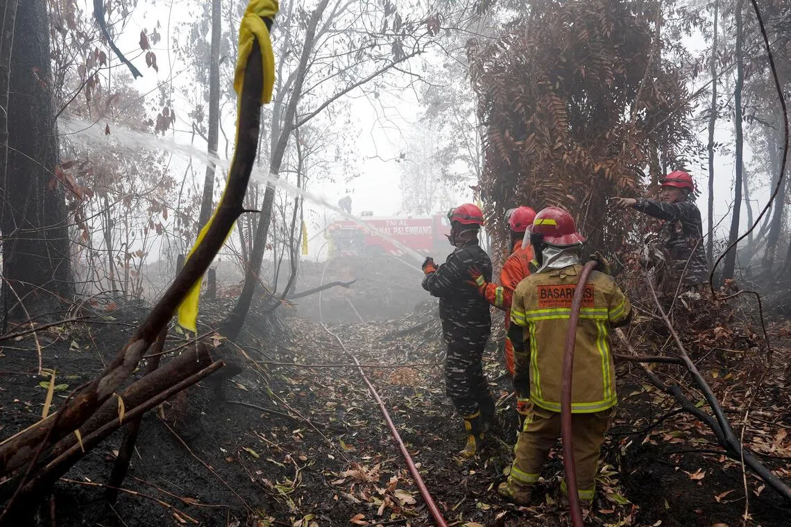 Firefighters in Sematang Borang on the outskirts of Palembang, South Sumatra, try out the Brazilian fire suppressant powder Realiza Antichamas on Oct 15.