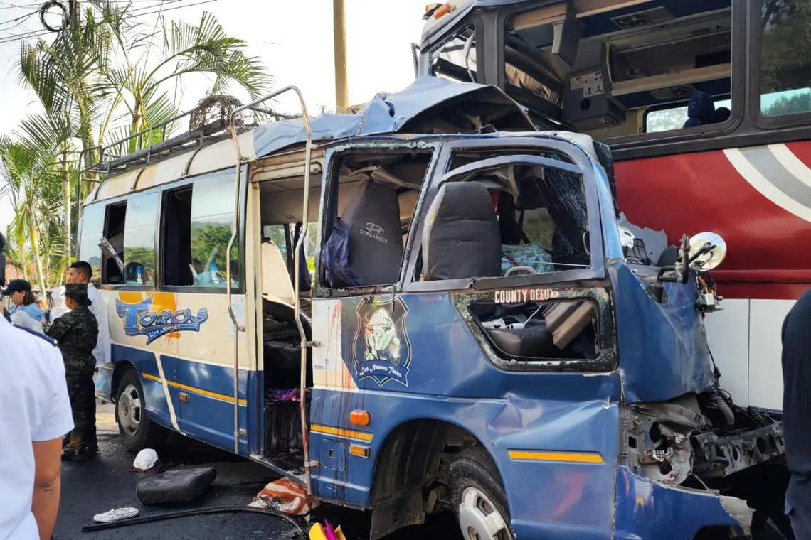 A further 12 people were injured when two buses crashed at dawn in Honduras, on a curvy, mountainous road with a single lane in each direction.