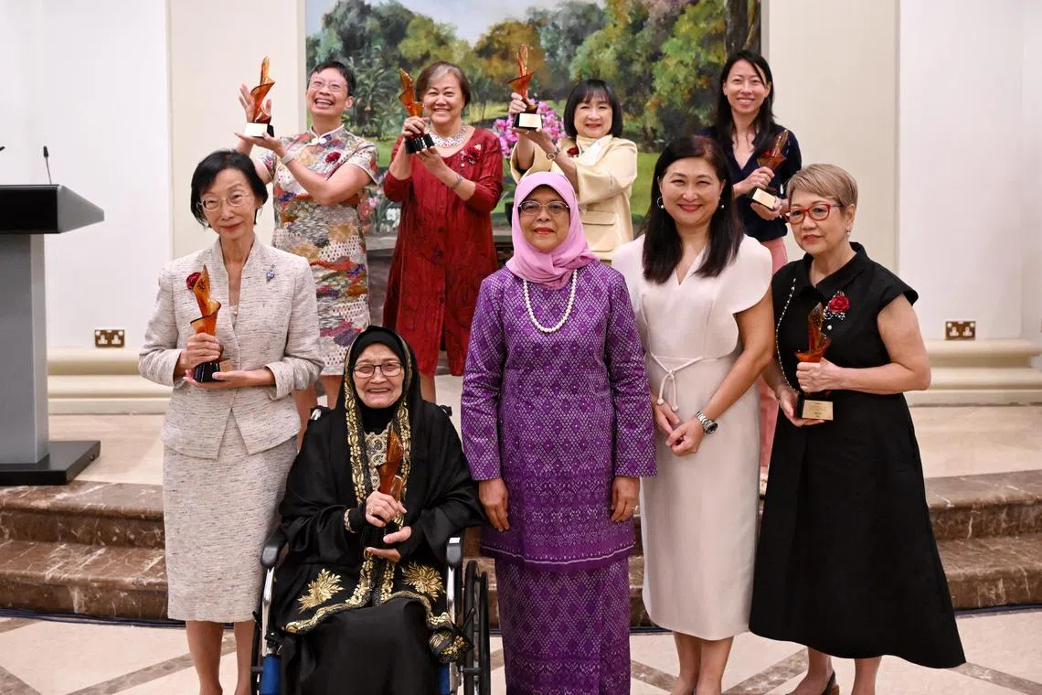 Front row (from left): Khoo Kim Choo, Saleha Mohamed Shah, President Halimah Yacob, Junie Foo and Celia Loe. 
Back row (from left): Ovidia Yu, Janet Lim, Esther Tay and Lee Mei Yin. 
The eight women was inducted into the Singapore Women's Hall of Fame on March 8, 2023.