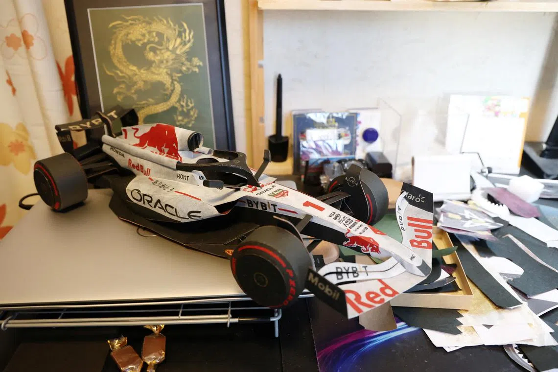 Formula One paper model made with Ise Katagami by Kenji Tanaka is pictured at his house in Suzuka, Japan March 27, 2024. REUTERS/Irene Wang