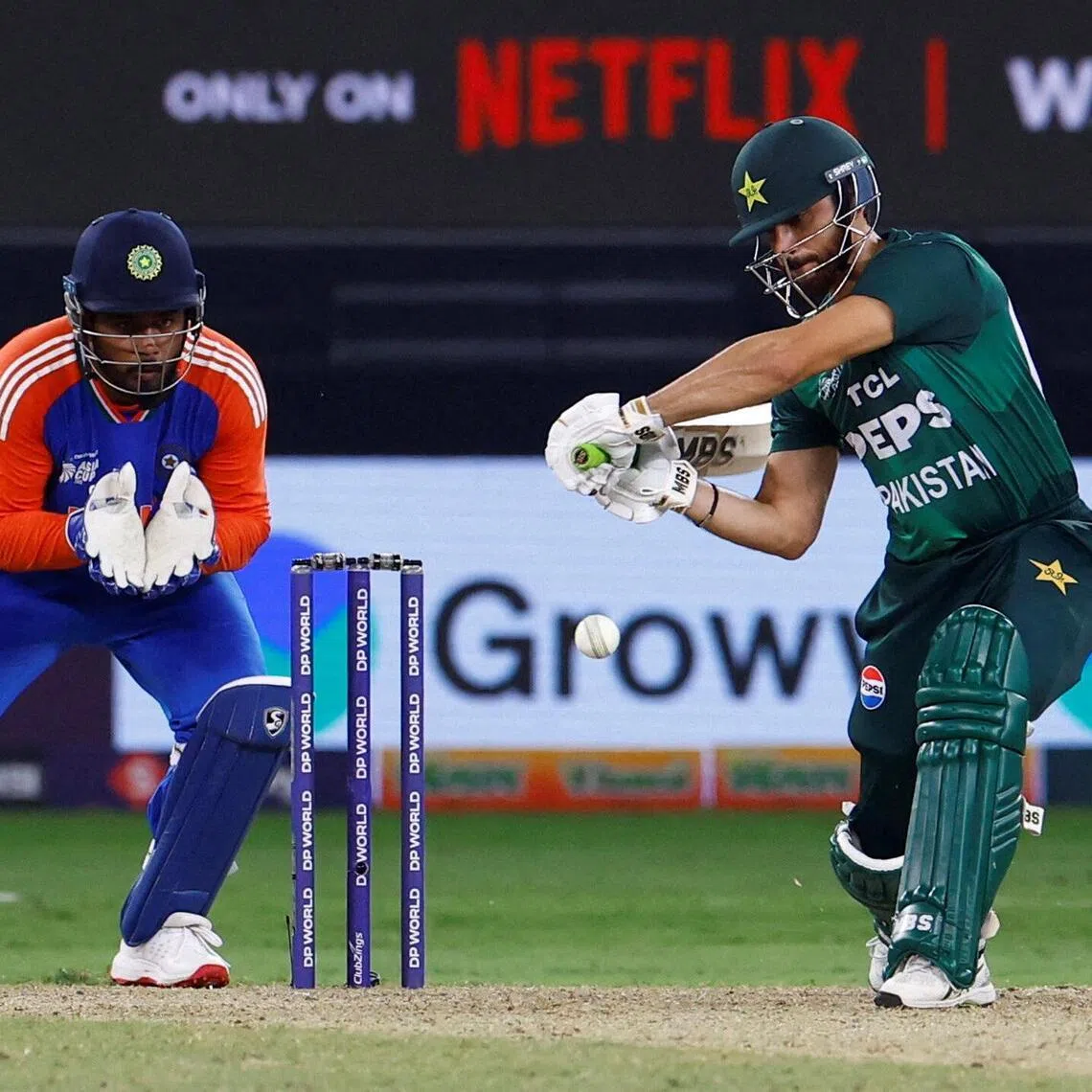 Pakistan's Mohammad Nawaz playing a shot in the Asia Cup final against India at the Dubai International Cricket Stadium on Sept 28, 2025.