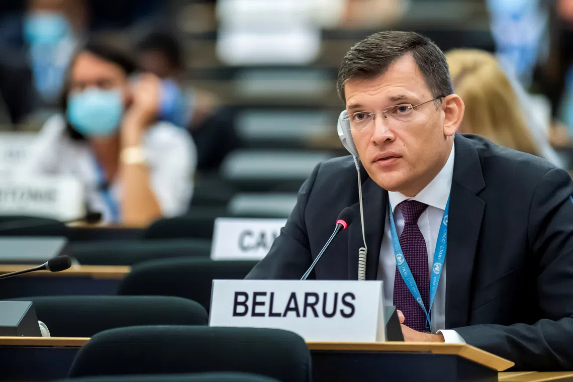 Yury Ambrazevich, Head of Belarus' delegation and Permanent Representative to the United Nations Office, speaks, during the opening of 45th session of the Human Rights Council, at the European U.N. headquarters in Geneva, Switzerland September 14, 2020. Martial Trezzini/Pool via REUTERS