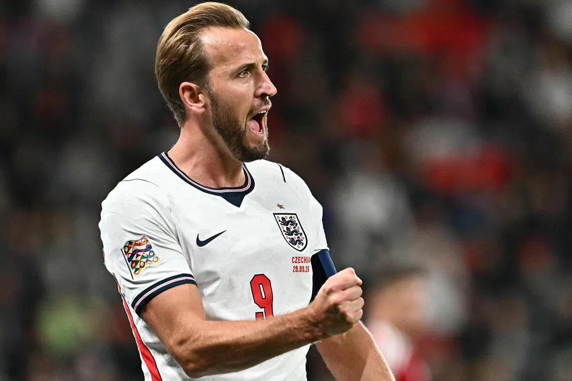 England striker Harry Kane celebrates scoring his side’s second goal against the Czech Republic on Sept 29.