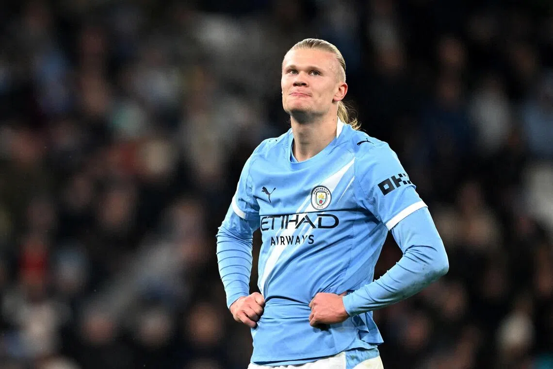 Manchester City's Erling Haaland reacts after their home match against Bayer Leverkusen.
