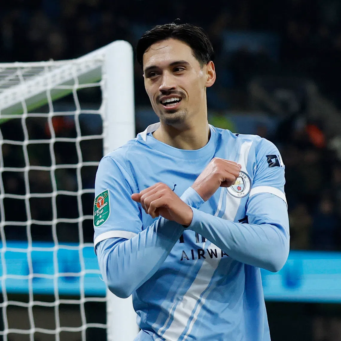 FILE PHOTO: Soccer Football - Carabao Cup - Semi Final - Second Leg - Manchester City v Newcastle United - Etihad Stadium, Manchester, Britain - February 4, 2026 Manchester City's Tijjani Reijnders celebrates scoring their third goal Action Images via Reuters/Jason Cairnduff/File Photo