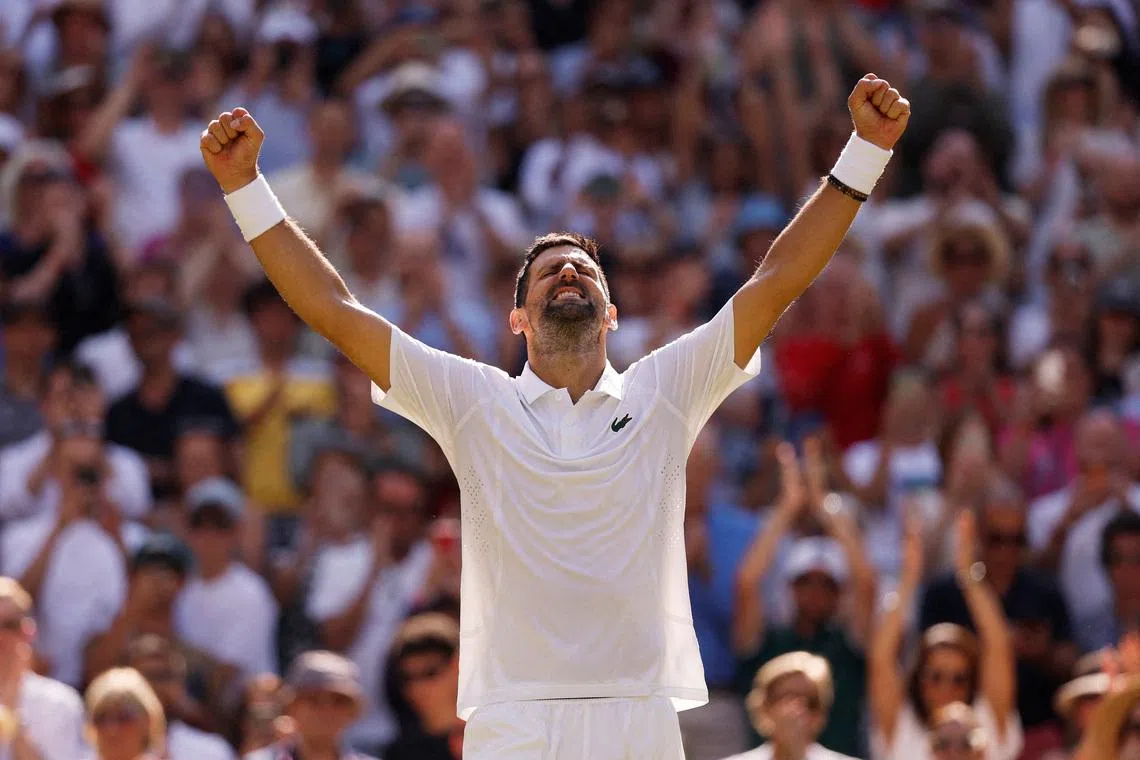 Tennis - Wimbledon - All England Lawn Tennis and Croquet Club, London, Britain - July 3, 2026 Serbia's Novak Djokovic celebrates after winning his third round match against France's Arthur Rinderknech REUTERS/Andrew Couldridge
