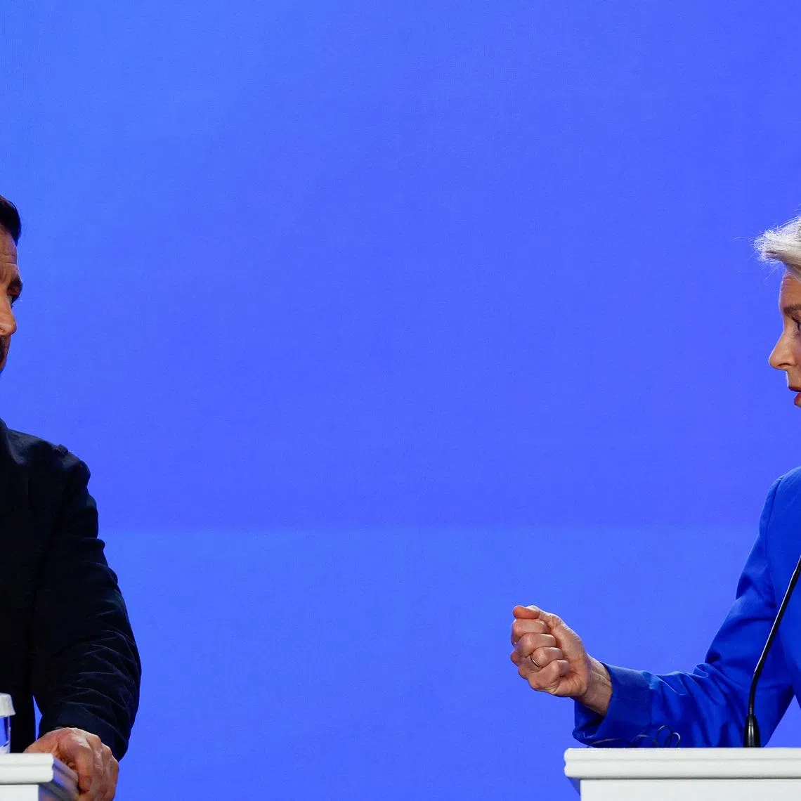FILE PHOTO: Ukraine's President Volodymyr Zelenskiy and European Commission President Ursula von der Leyen attend a press conference with European Council President Antonio Costa (not pictured) on the fourth anniversary of Russia's full-scale invasion of Ukraine, in Kyiv, Ukraine, February 24, 2026. REUTERS/Valentyn Ogirenko/File Photo