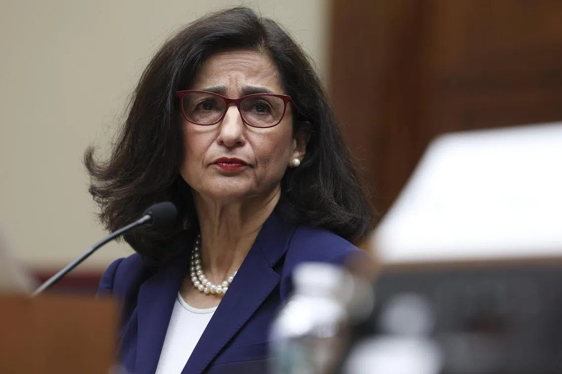 Dr Nemat Shafik, the president of Columbia University, testifying during a House Committee on Education and the Workforce hearing on Columbia University’s response to anti-semitism on April 17. She quit on Aug 14, after months of fury at her handling of protests over the Israel-Hamas war and questions over how she was managing a deeply divided campus.