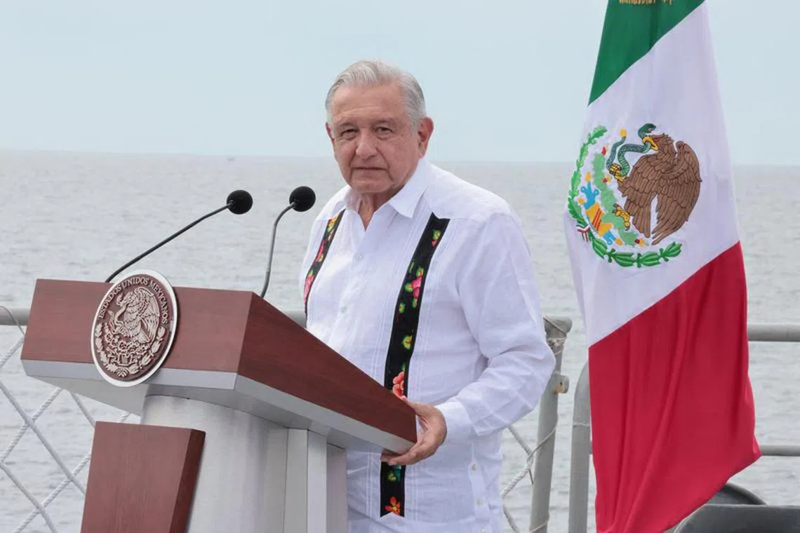 Mexico's President Andres Manuel Lopez Obrador, delivers a speech in tribute to the families of the victims of Hurricane Otis in Acapulco, in the Naval Region of Acapulco, state of Guerrero, Mexico November 23, 2023, in this photo released and distributed by Mexico Presidency/Handout via REUTERS/File Photo