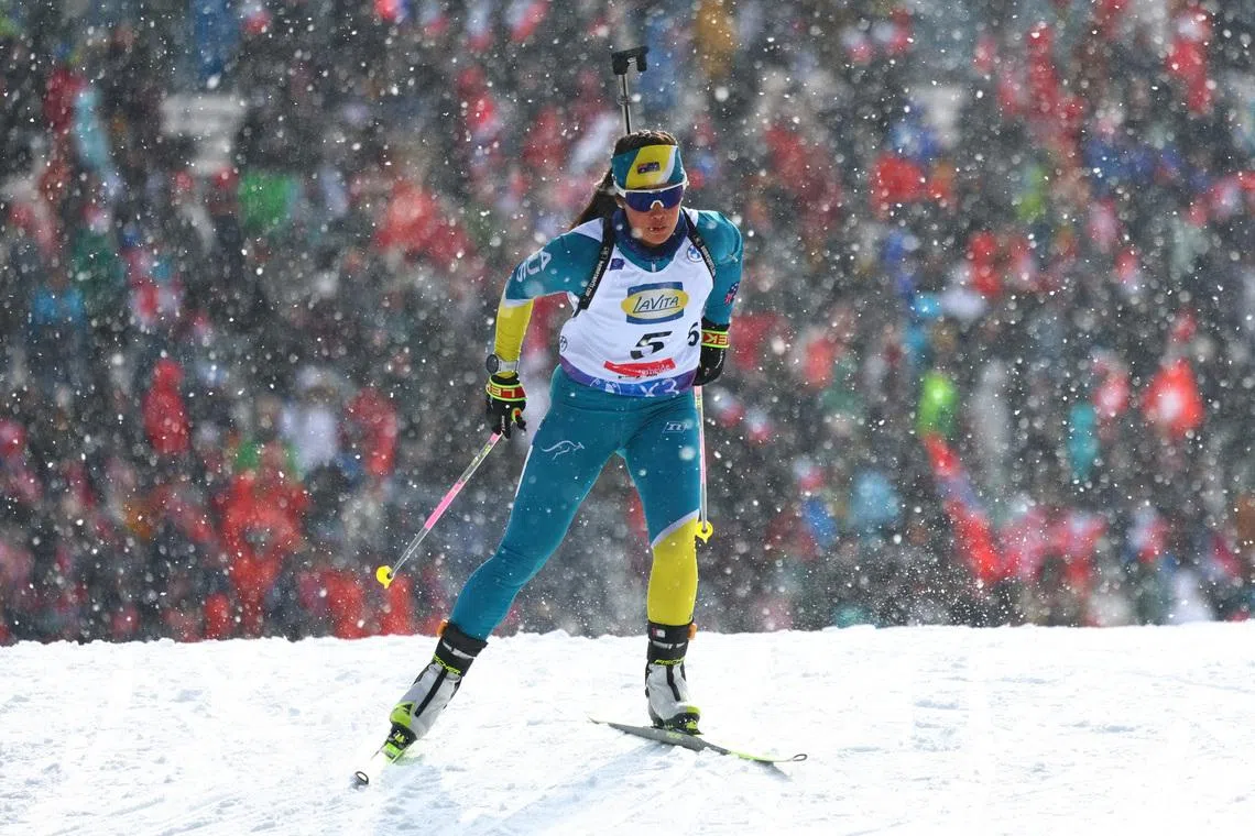 Winter Sports - Biathlon World Championships - Women's 7.5km Sprint - Lenzerheide, Switzerland - February 14, 2025 Australia's Darcie Morton in action REUTERS/Denis Balibouse