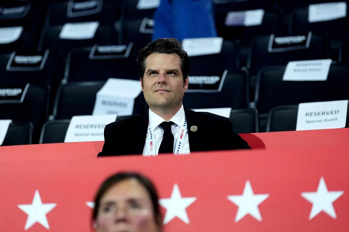 FILE — Rep. Matt Gaetz (R-Fla.) at the Republican National Convention in Milwaukee, July 15, 2024. President-elect Donald Trump’s early transition moves amount to a generational stress test for the system and if Republicans bow to his demand to recess the Senate so that he can install appointees without confirmation, it would rewrite the balance of power established by the founders more than two centuries ago. (Doug Mills/The New York Times)