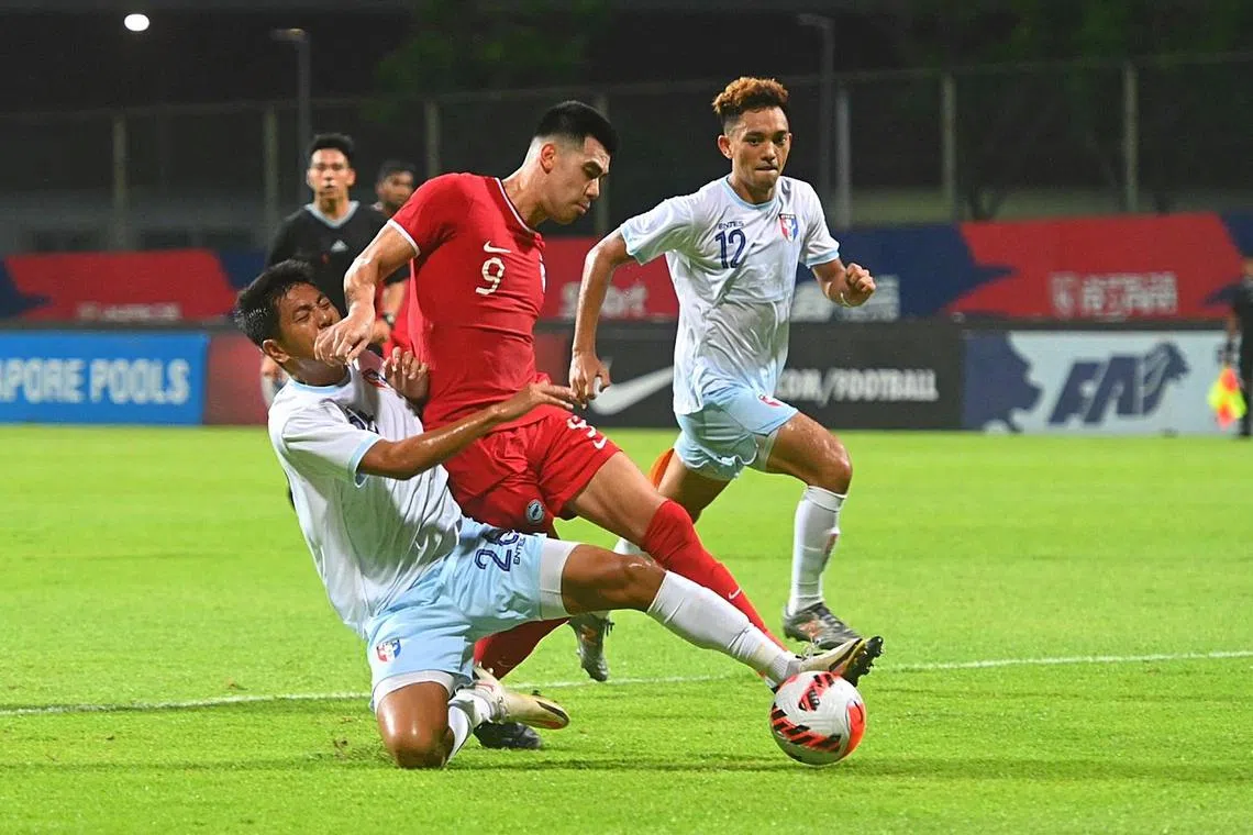 Singapore’s Lionel Tan in action against Chinese Taipei.

He scored Singapore’s second goal in the international football friendly as the Lions won 3-1 on 12 September 2023 at Bishan Stadium .