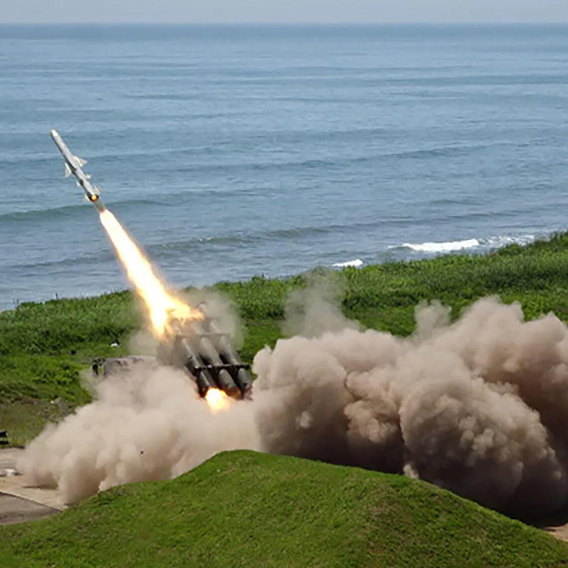 A single Type-88 missile being tested off the coast at the JGSDF Shizunai Anti-aircraft firing range in Shinhidaka, Japan, on June 24, 2025.