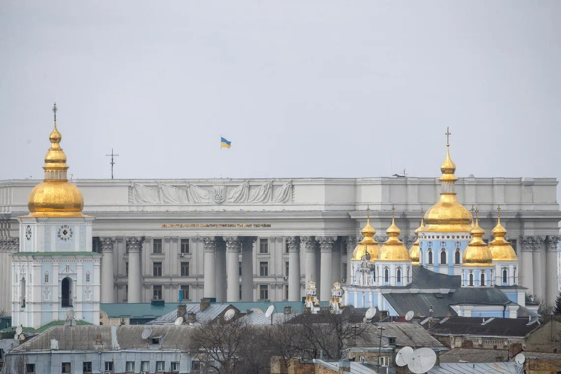 FILE PHOTO: A general view shows the headquarters of Ukraine's foreign ministry behind St. Michael's Golden-Domed Cathedral in central Kyiv, Ukraine February 25, 2022. REUTERS/Valentyn Ogirenko/File Photo