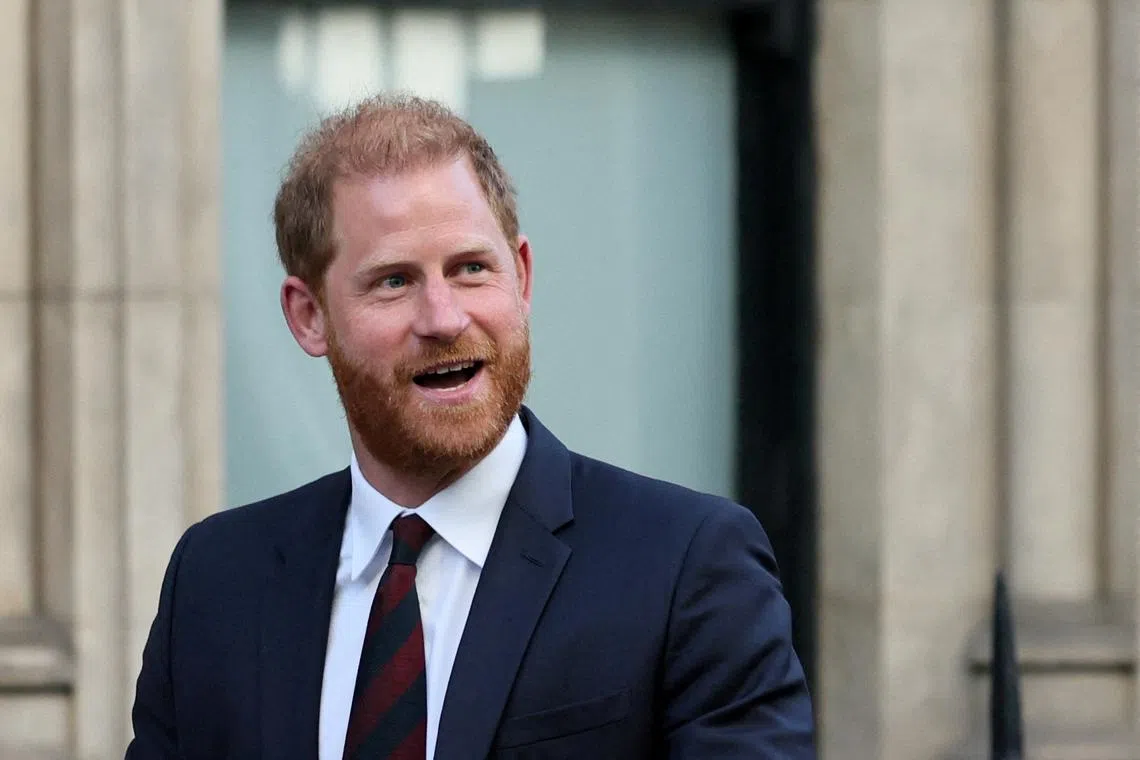 FILE PHOTO: Britain's Prince Harry departs after attending court for his appeal against the rejection of his legal challenge to the British government's decision to take away his police protection when he is in Britain, outside the High Court in London, Britain, April 9, 2025. REUTERS/Isabel Infantes/File Photo