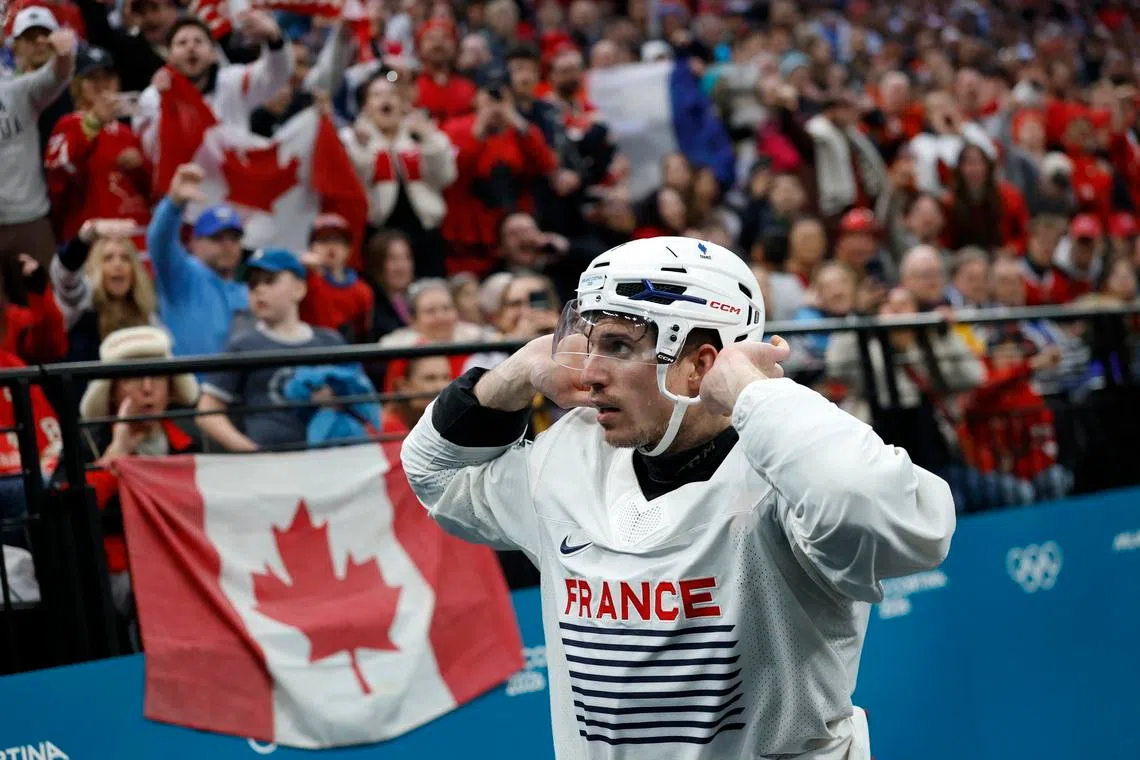 Milano Cortina 2026 Olympics - Ice Hockey - Men's Preliminary Round - Group A - Canada vs France - Milano Santagiulia Ice Hockey Arena, Milan, Italy - February 15, 2026. Pierre Crinon of France reacts REUTERS/David W Cerny