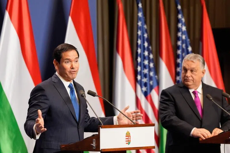 Hungary's Prime Minister Viktor Orban (right) and US Secretary of State Marco Rubio at a joint press conference following talks during a visit in Budapest, Hungary, on Feb 16, 2026.