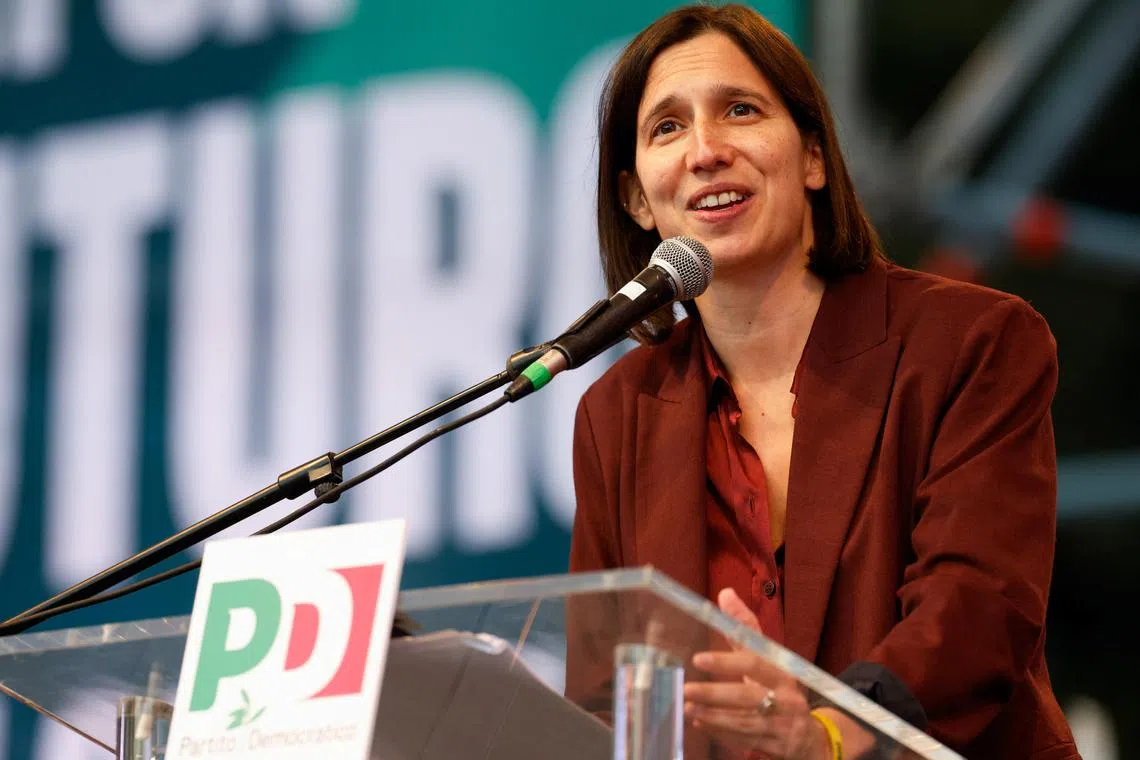 Secretary of Democratic Party Elly Schlein delivers her speech during a Democratic Party's rally in Rome, Italy November 11, 2023. REUTERS/Remo Casilli/File Photo