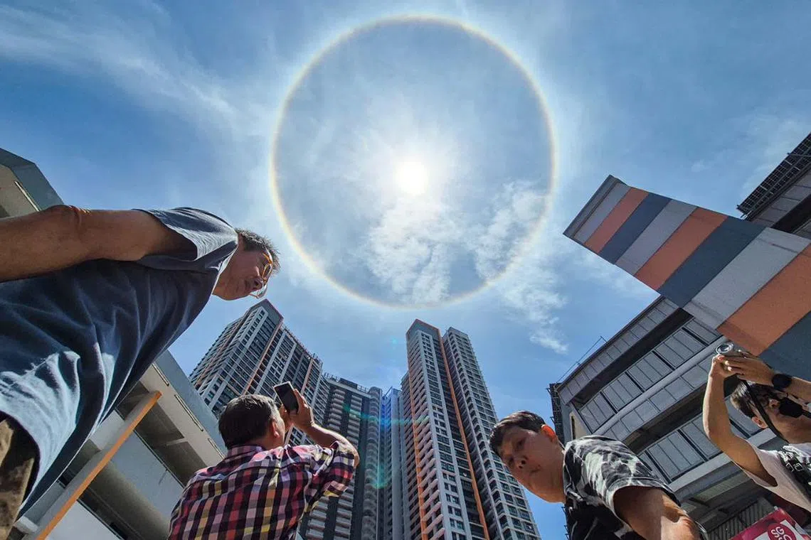 Onlookers taking photos of a sun halo at Clementi, Singapore, on Aug 25, 2025. The natural phenomenon is produced when sunlight interacts with ice crystals in the atmosphere. The crystals are made of ice rather than water droplets, due to their high altitude.