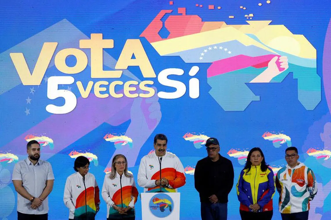 Venezuela's President Nicolas Maduro addresses the media after voting in an electoral referendum over Venezuela's rights to the potentially oil-rich region of Esequiba, which has long been the subject of a border dispute between Venezuela and Guyana, in Caracas, Venezuela, December 3, 2023. REUTERS/Leonardo Fernandez Viloria/File Photo