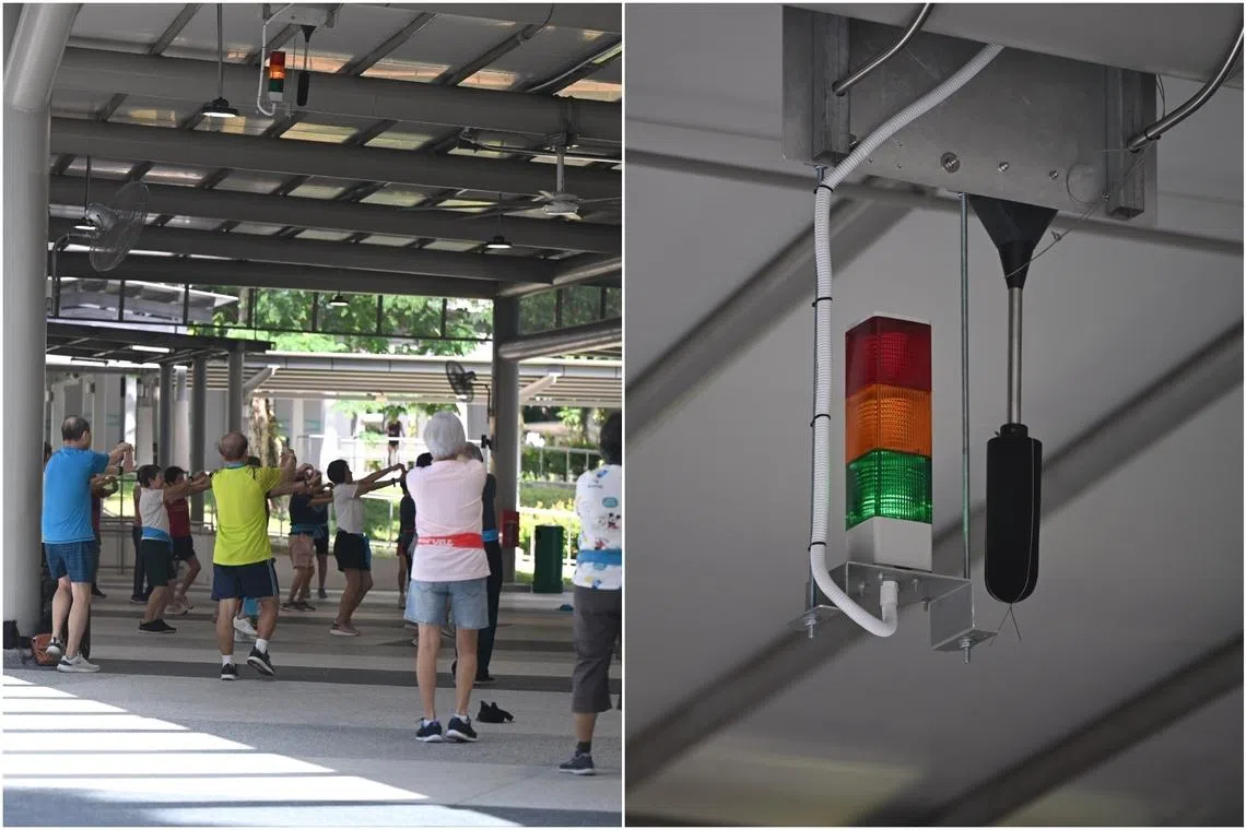 The Outdoor Sound Monitoring System indicating noise levels during an elderly workout activity session at The Court at Clementi Meadows on March 11.