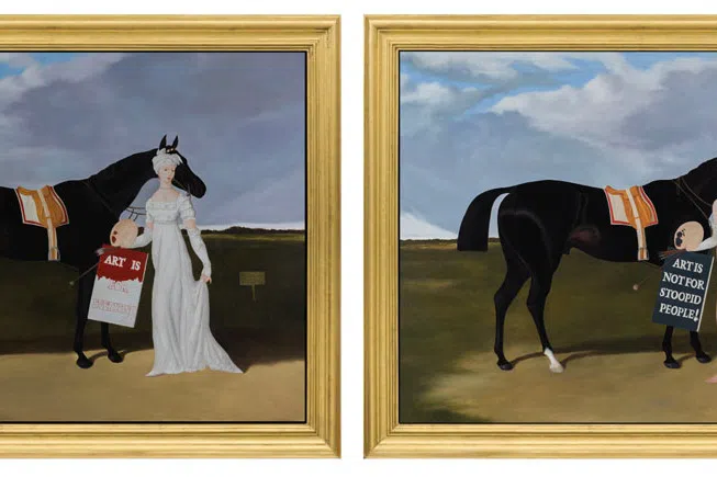 Thai artist Natee Utarit’s Art is for everyone…Art is not for stoopid people is a diptych showing at his solo at Richard Koh Fine Art.