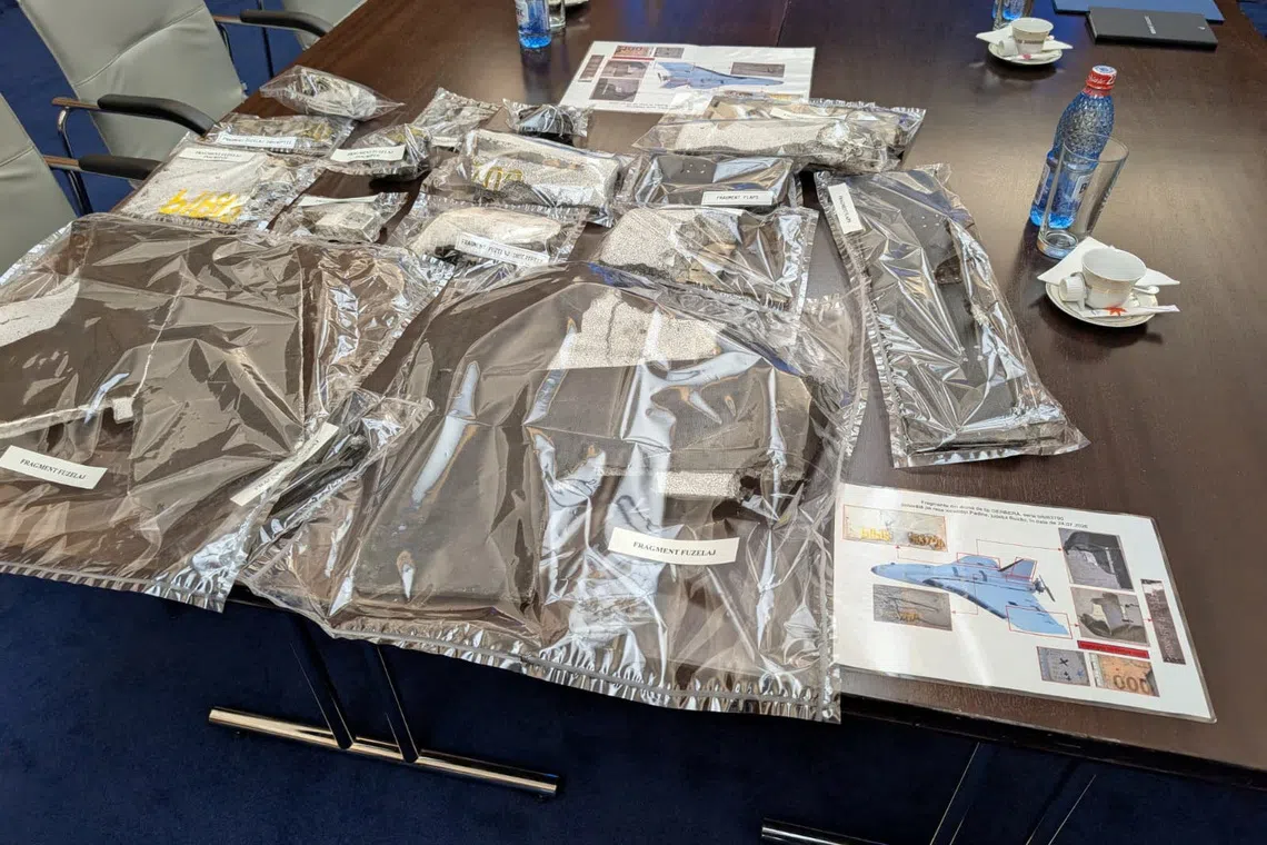 FILE PHOTO: Fragments of drones downed on Romanian territory are displayed at the Romanian Foreign Ministry in Bucharest, Romania in this handout image released on July 27, 2026. Romanian Foreign Ministry/Handout via REUTERS/File Photo