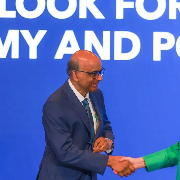 President Tharman Shanmugaratnam and IMF managing director Kristalina Georgieva after their fireside chat at the Lee Kuan Yew School of Public Policy on Oct 7.