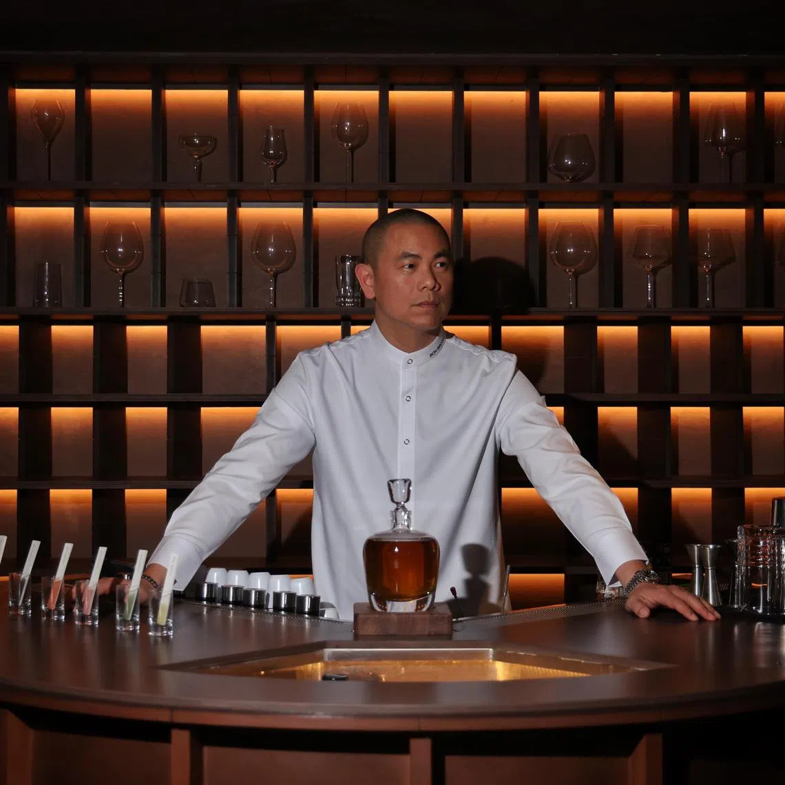 Chef Andre Chiang at Bon Broth's bar for tasting broth and making drinks. 