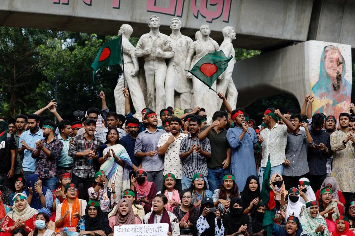 FILE PHOTO: Activists of the Anti-Discriminatory Student Movement gather at the University of Dhaka's Teacher Student Center (TSC), demanding the capital punishment for Bangladeshi former Prime Minister Sheikh Hasina for the deaths of students during anti-quota protests, in Dhaka, Bangladesh, August 13, 2024. REUTERS/Mohammad Ponir Hossain/File Photo