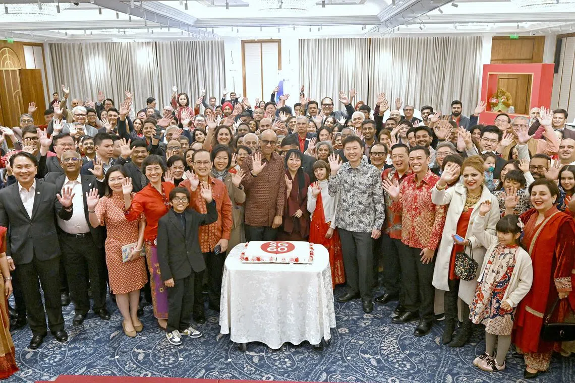 President Tharman Shanmugaratnam marking the 60th anniversary of Singapore-India diplomatic relations and the Republic’s 60th year of independence with spouse Jane Ittogi Shanmugaratnam, Transport Minister Chee Hong Tat, and overseas Singaporeans and guests at a reception at the Taj Mahal Hotel in New Delhi on Jan 15.